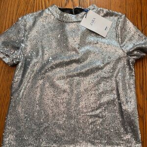 NWT Zara Metallic Silver Sequin Tee Top Small. Great for parties!